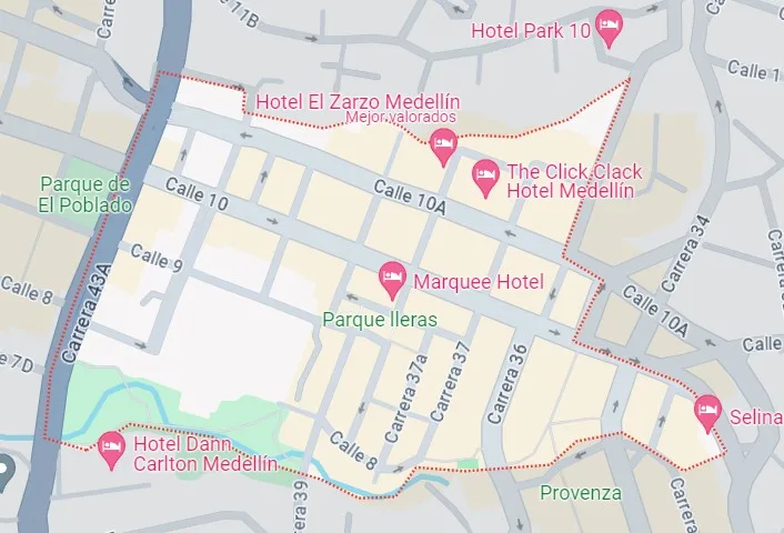 Mapa que muestra el barrio de El Poblado, el más recomendado para dormir en Medellín