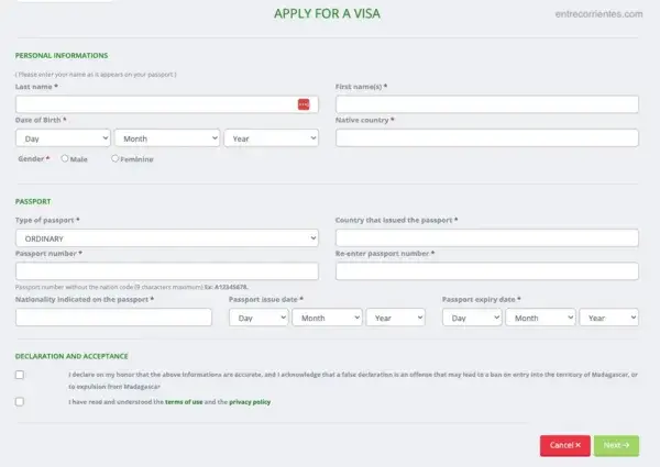 Información necesaria para solicitar la e-visa para Madagascar