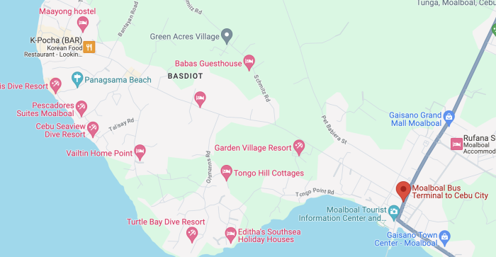 Mapa dónde dormir en Moalboal