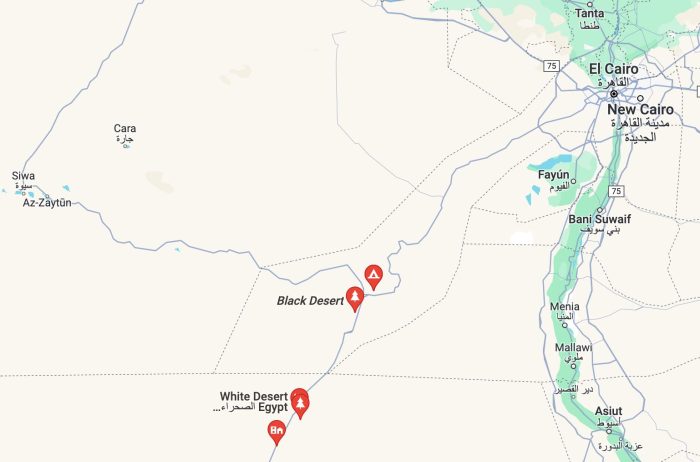 Mapa de la ubicación del desierto blanco de Egipto