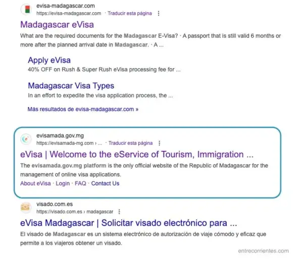Resultado de Google al buscar e-visa para Madagascar